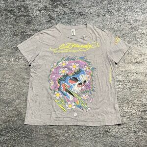 Ed Hardy T Shirt Mens Medium Gray Y2K Skull Cyber Grunge Skater Vintage